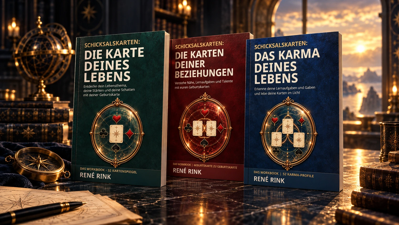 Drei Schicksalskarten-Workbooks von René Rink: Die Karte deines Lebens in Grün, Die Karten deiner Beziehungen in Rot und Das Karma deines Lebens in Blau