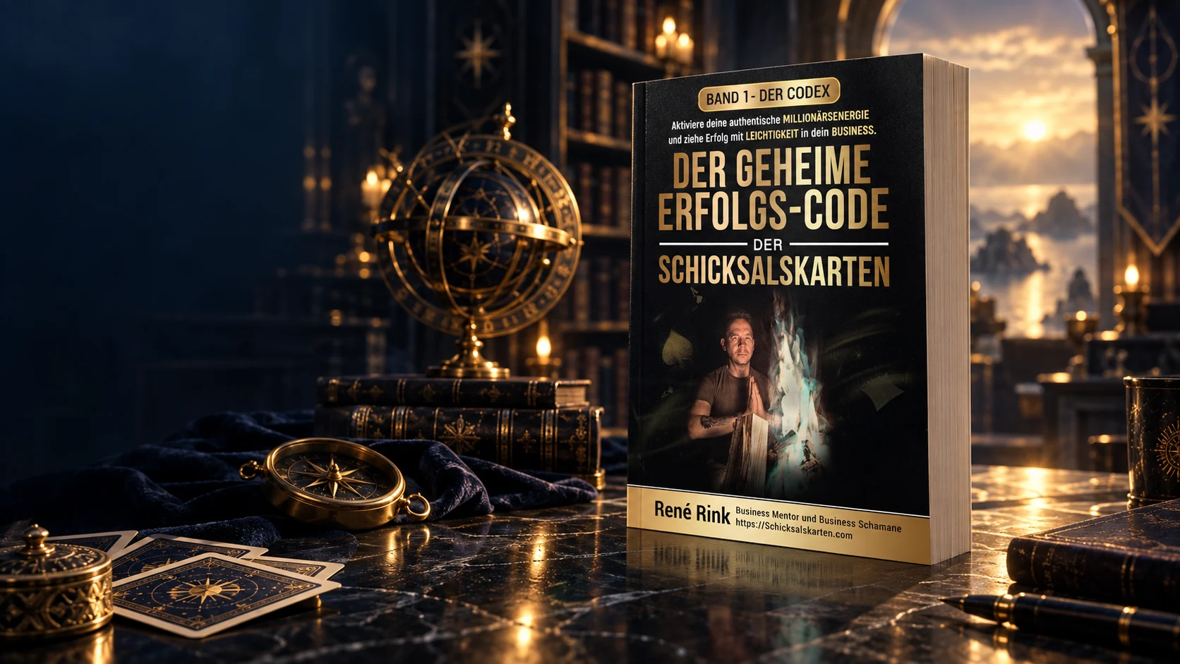 Immagine di prodotto ambientata con copertina originale del CODEX, globo dorato e bussola