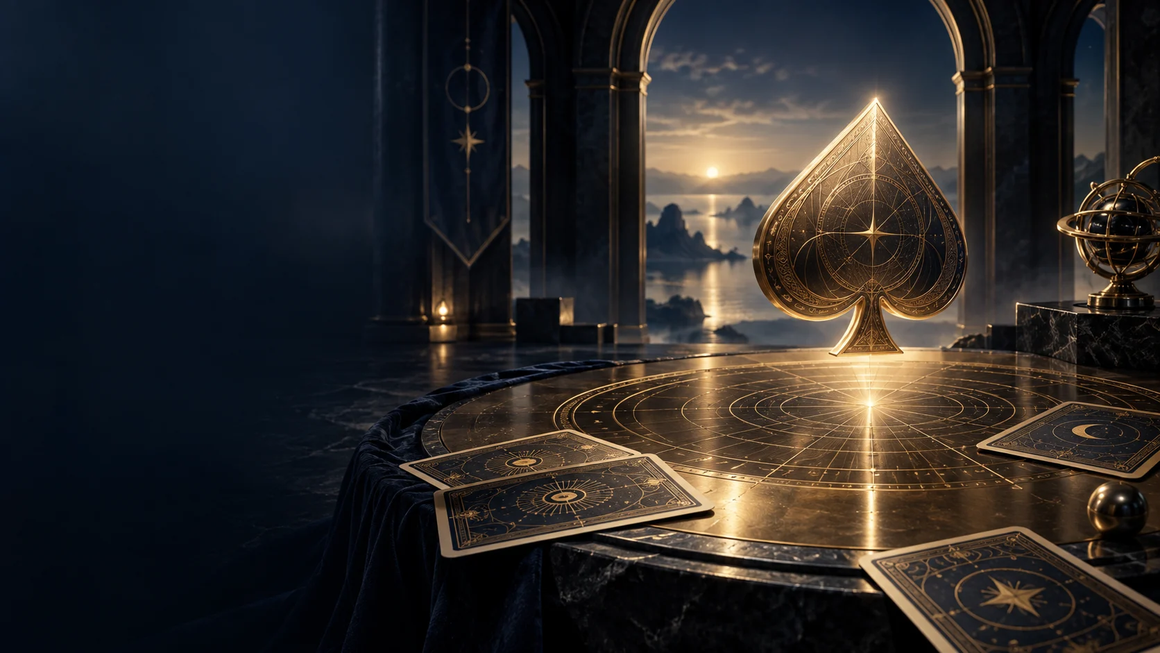 Symbolische goldene Kartenform in einer dunkelblauen, atmosphärischen Umgebung